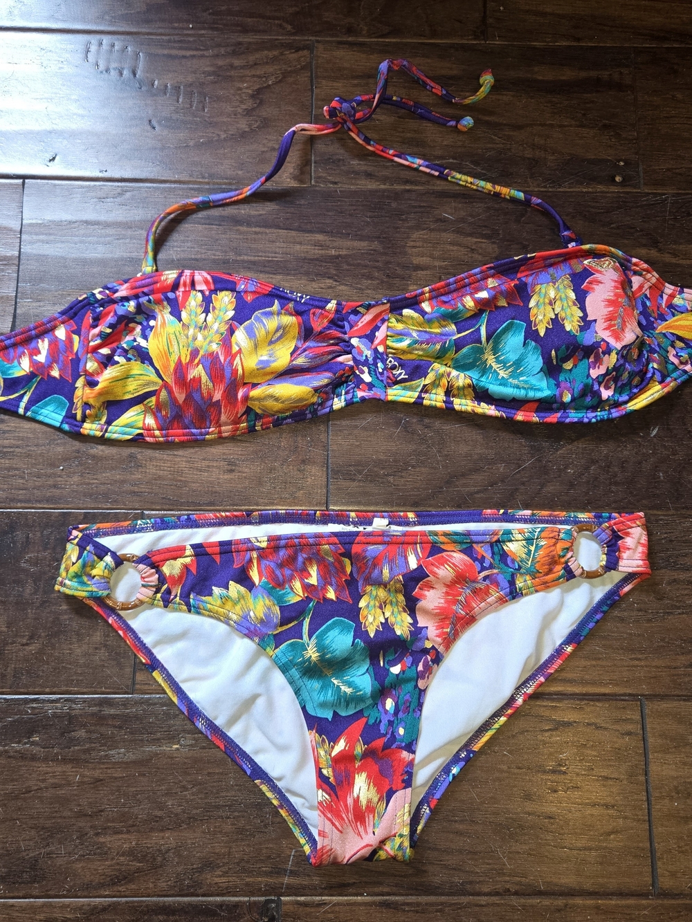 Roxy Purple Tropical Bikini Set Bandeau Faux Wood Rings EUC Sz L